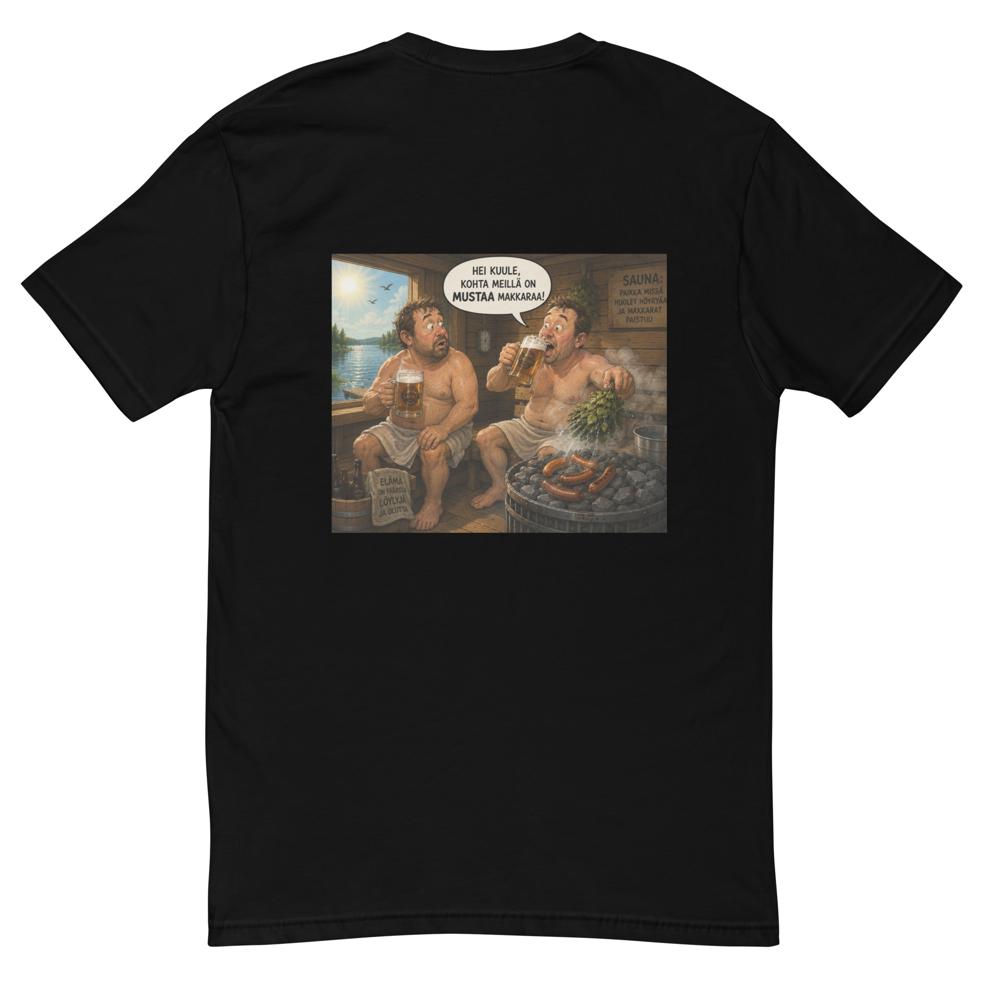 Makkarat tulilla (Finnish sauna humor sausage T-Shirt) Finnish content - Image 3