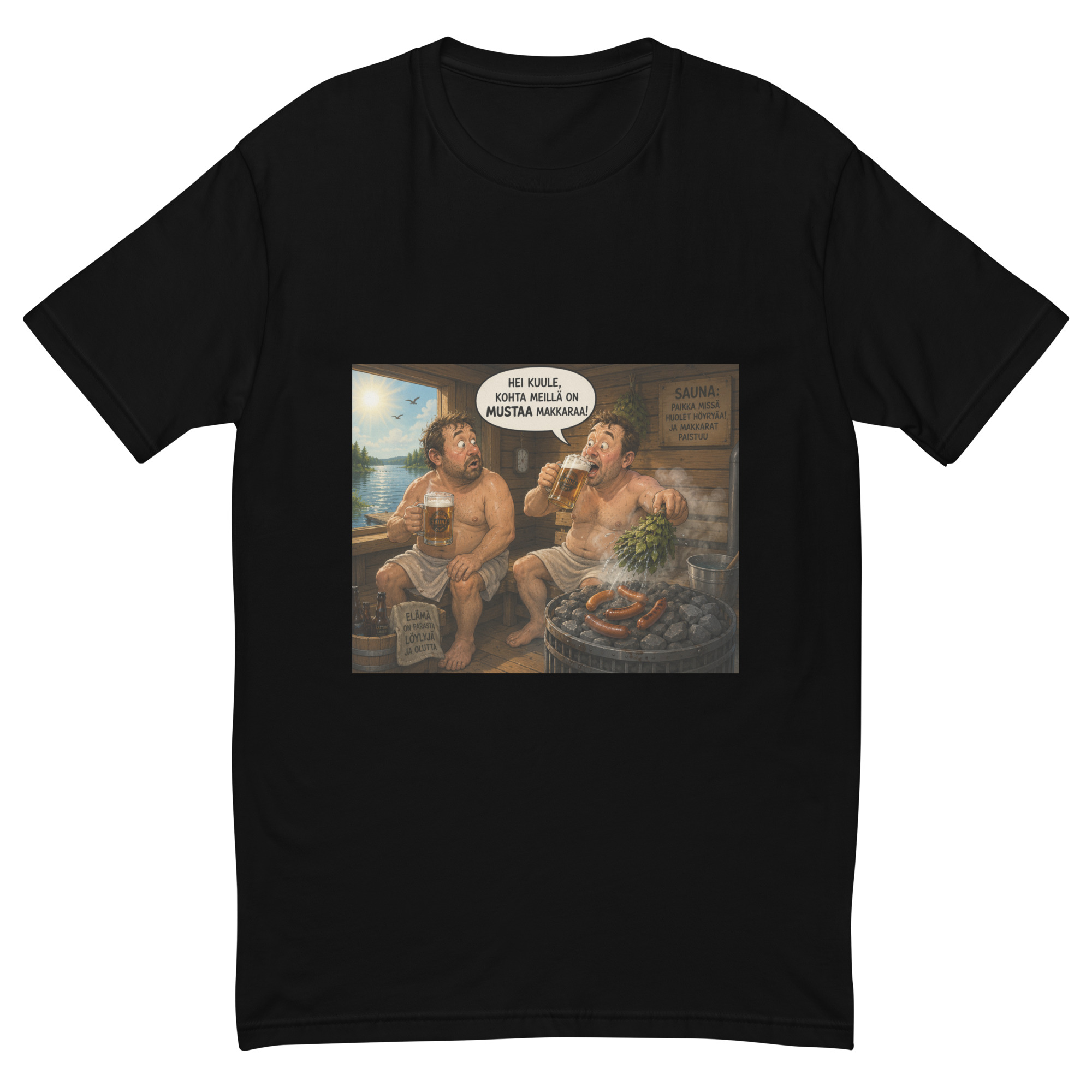 Makkarat tulilla (Finnish sauna humor sausage T-Shirt) Finnish content - Image 2
