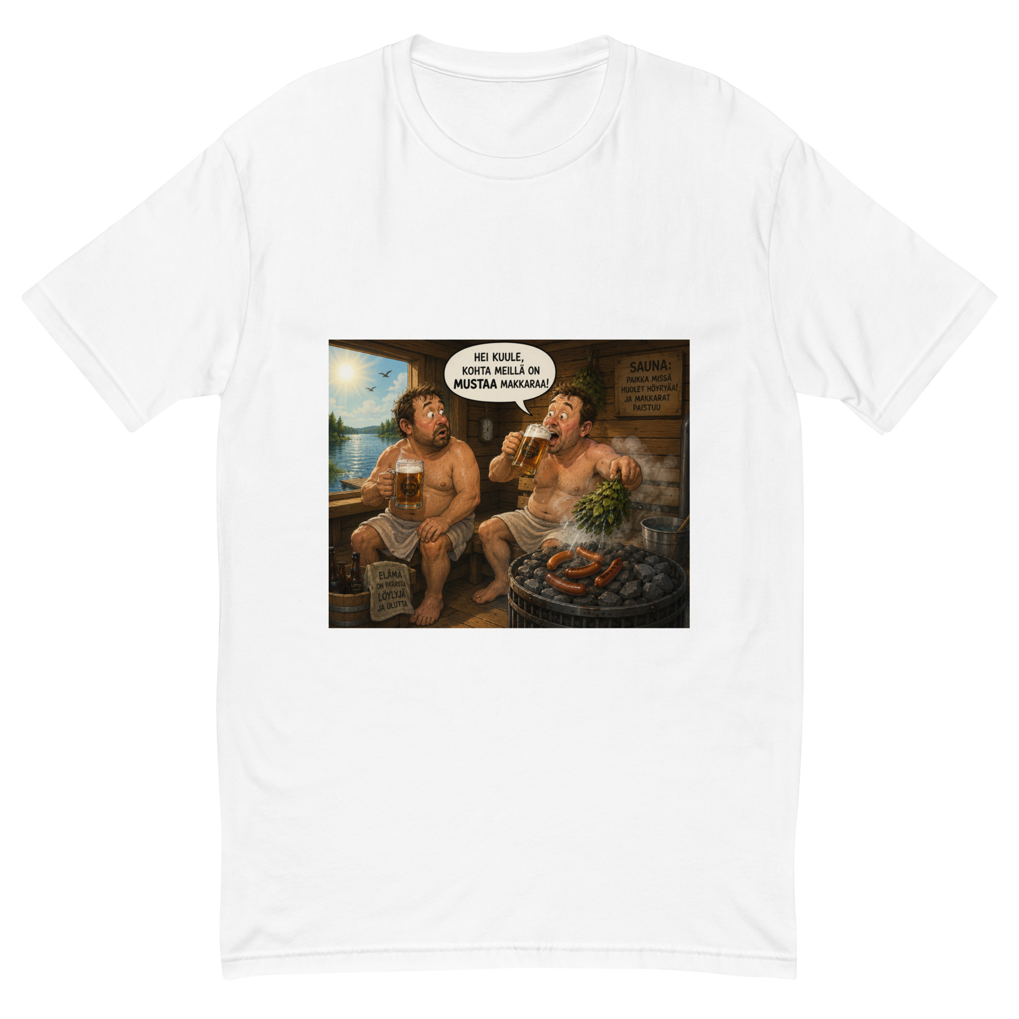 Makkarat tulilla (Finnish sauna humor sausage T-Shirt) Finnish content - Image 7