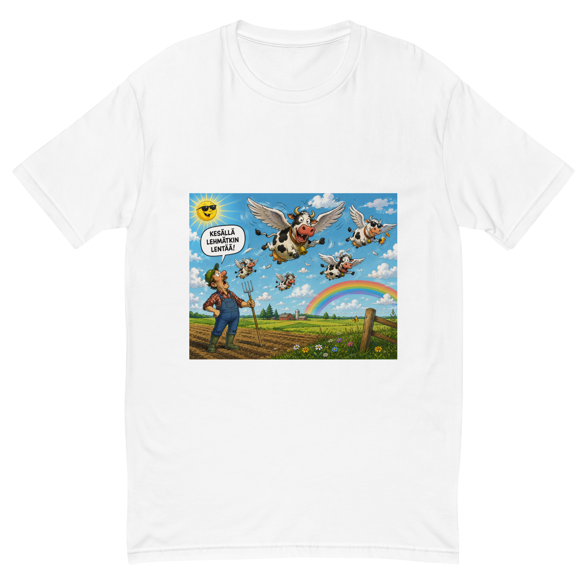 Lehmätkin lentää T-Paita (Finnish humor content T-shirt flying cow) - Image 5