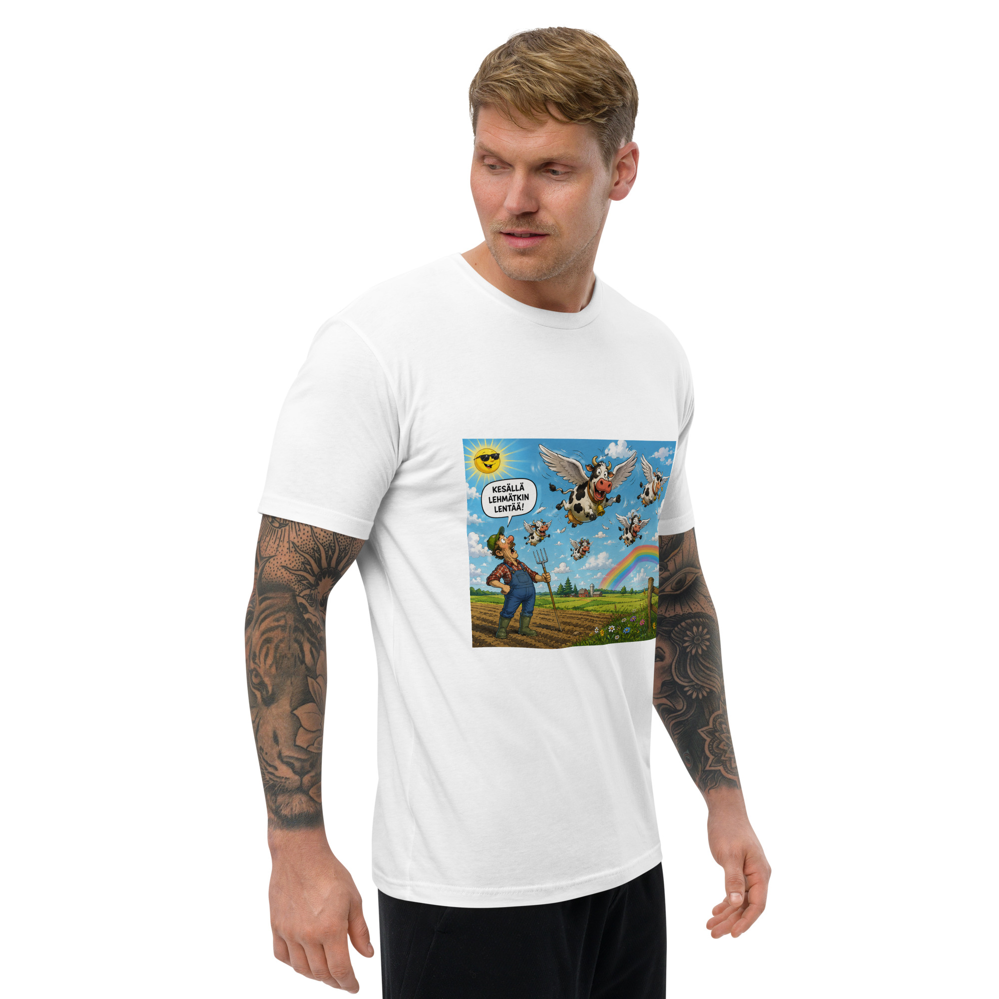 Lehmätkin lentää T-Paita (Finnish humor content T-shirt flying cow)